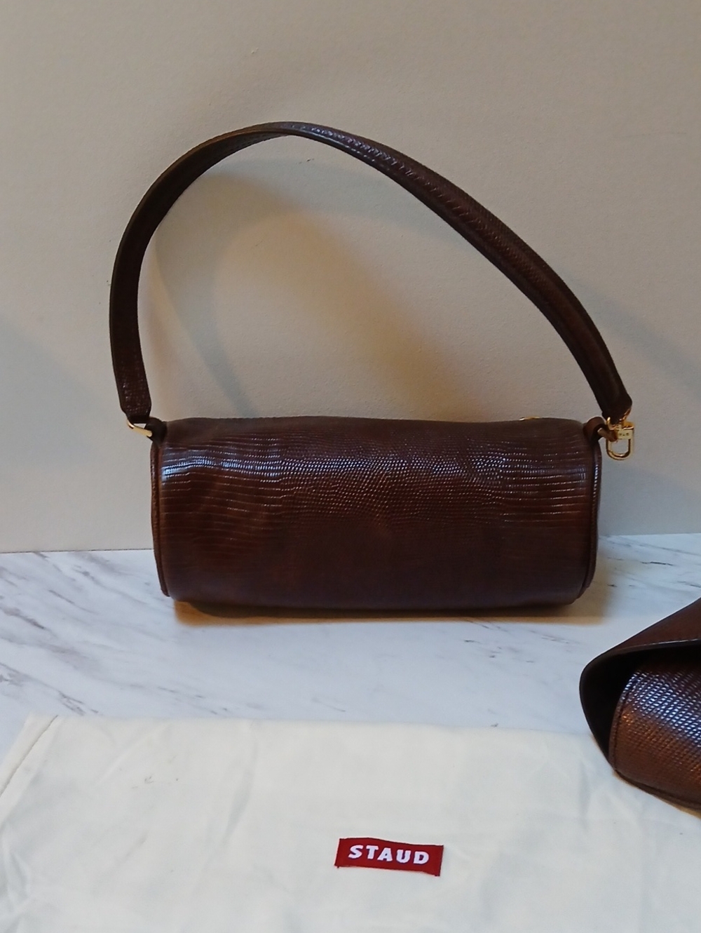 STAUD Susy Lizard Embossed Leather Barrel Shoulder Bag - Picture 11 of 16